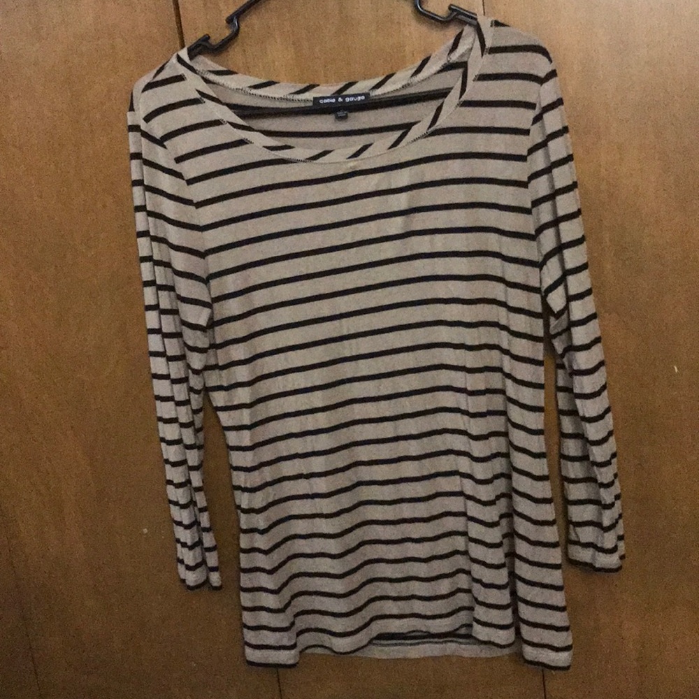 3/4 length sleeve tan & black striped shirt